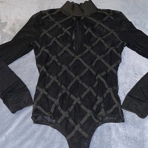 Windsor black sheer bodysuit, mock neck, teardrop opening in front, zip back🔥😍